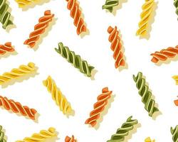 mång färgad pasta fusilli sömlös mönster. symbol av italiensk kök meny. vektor tecknad serie illustration på en vit isolerat bakgrund.