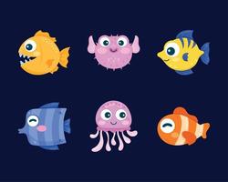 sex Havsliv djur ikoner vektor