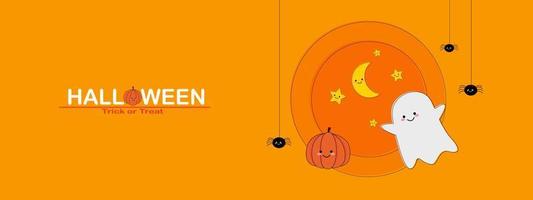 fröhliches halloween-banner oder partyeinladungshintergrund. Halloween auf orangefarbenem Hintergrund. süße Geisterkürbis-Süßigkeitsspinne vektor