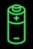 grüner Neonumriss der Batterie mit Plus- und Minuszeichen auf schwarzem Hintergrund. Gebührenzeichen. elektrische Energie vektor
