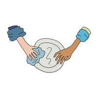 Die Hand einer Doodle-Person wäscht einen Teller und gibt ihn einer anderen Person, die auf weißem Hintergrund isoliert ist. vektor