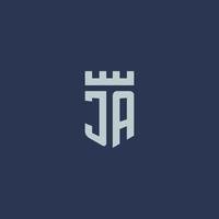 ja-Logo-Monogramm mit Festungsschloss und Schildstil-Design vektor