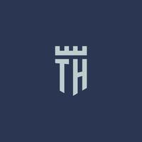 th logo monogramm mit festungsschloss und schildstildesign vektor