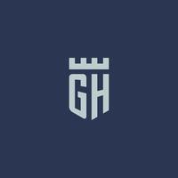 gh-logo-monogramm mit festungsschloss und schildstildesign vektor