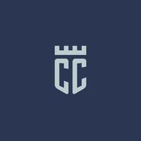 cc-Logo-Monogramm mit Festungsschloss und Schildstil-Design vektor