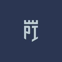 Pi-Logo-Monogramm mit Festungsschloss und Schildstil-Design vektor