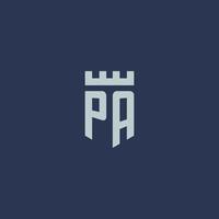 pa-logo-monogramm mit festungsschloss und schildstildesign vektor