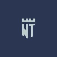wt-Logo-Monogramm mit Festungsschloss und Schildstil-Design vektor