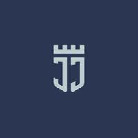 JJ-Logo-Monogramm mit Festungsschloss und Schildstil-Design vektor