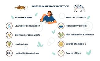 vorteile des essens von insekten für den planeten und für die gesundheit infografiken vektorbanner. Insekten statt Viehpräsentation. vektor