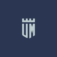 Um-Logo-Monogramm mit Festungsschloss und Schildstil-Design vektor