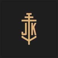 jk anfängliches Logo-Monogramm mit Säulen-Icon-Design-Vektor vektor