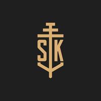 sk anfängliches Logo-Monogramm mit Säulen-Icon-Design-Vektor vektor