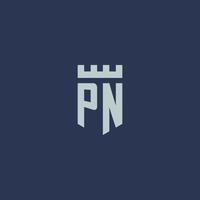 pn-Logo-Monogramm mit Festungsschloss und Schildstil-Design vektor