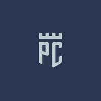 pc-logo-monogramm mit festungsschloss und schildstildesign vektor