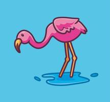 Süßer Flamingo, der einen Fisch auf dem Wasser sucht. isolierte karikaturtiernaturillustration. flacher Stil geeignet für Aufkleber-Icon-Design Premium-Logo-Vektor. Maskottchen Charakter vektor
