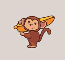 süßer Affe bringt Riesenbanane. isolierte karikaturtiernaturillustration. flacher Stil geeignet für Aufkleber-Icon-Design Premium-Logo-Vektor. Maskottchen Charakter vektor