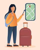 Touristenmädchen mit Telefon. Karten-App. Frau mit Rucksack. großer Koffer. Vektor-Illustration. vektor