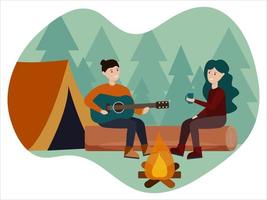 en man och en kvinna är vilar förbi de brand. en man spelar de gitarr, en kvinna drycker te på de bakgrund av de skog. sommartid camping och natur rekreation begrepp. vektor illustration