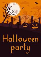 halloween-partyeinladung mit kürbis-, fledermaus- und kreuzvektorillustration im flachen stil vektor