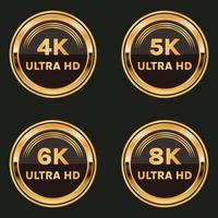 gyllene 4k ultra hd knapp 5k ultra hd ikon 6k ultra hd märka och 8 K ultra hd bricka uppsättning vektor