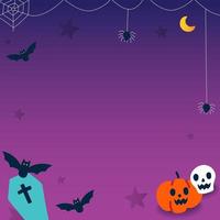 niedlicher kopierraum werbung halloween cartoon online werbung quadrat web banner einladungskarte violetter hintergrund geist, schädel, kürbis, fledermaus, spinnennetz, sarg, mond papier display vektor