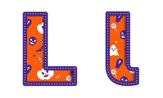 süß fröhlich halloween l alphabet großbuchstabe kleinbuchstabe party schriftart typografie charakter cartoon gespenstisch horror bunt papier ausschnitt typ design feier vektor illustration schädel kürbis fledermaus hexenhut