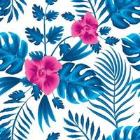 blaues abstraktes einfarbiges nahtloses muster mit tropischen monstera-farnblättern und rosa blumenpflanzenlaub auf weißem hintergrund. modische Drucktextur. Blumenhintergrund. Exotischer Sommer vektor
