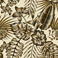Goldweinlese-Dschungelillustration in den tropischen Pflanzenblättern und -laub der einfarbigen Farbart mit Jasminblumen auf hellem Hintergrund. modische Textur. Blumenhintergrund. exotische Tapete vektor