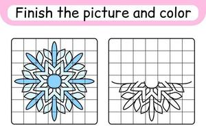 Vervollständigen Sie das Bild Schneeflocke. Kopieren Sie das Bild und die Farbe. beende das Bild. Malbuch. pädagogisches Zeichenübungsspiel für Kinder vektor