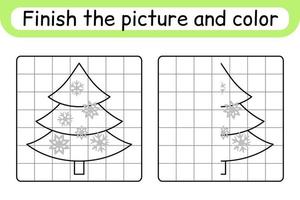 Vervollständigen Sie das Bild Weihnachtsbaum. Kopieren Sie das Bild und die Farbe. beende das Bild. Malbuch. pädagogisches Zeichenübungsspiel für Kinder vektor