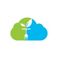 friska mat logotyp mall. moln med gaffel och blad symbol. vektor