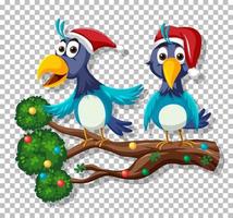två blå fåglar bär jul hattar vektor
