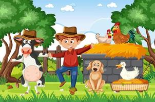 glücklicher Bauer mit Tieren auf dem Bauernhof vektor