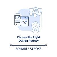 Wählen Sie das hellblaue Konzeptsymbol der richtigen Designagentur. aufbau einer professionellen website abstrakte idee dünne linie illustration. isolierte Umrisszeichnung. editierbarer Strich. vektor