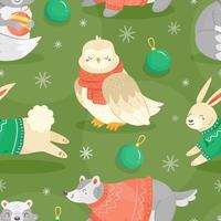 nahtloses muster mit niedlichen weihnachtstieren im cartoon-stil mit weihnachtsbaumspielzeug und schneeflocken auf grünem hintergrund. Dachs, Eule, Kaninchen, Waschbär. Vektor-Illustration-Hintergrund.