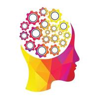 Technologie Logo-Icon-Design des menschlichen Kopfes. digitale Frau Kopf Gehirnform mit Zahnräder Idee Konzept Innovation Genie. vektor