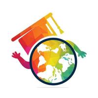 Studieren Sie im Ausland Vektor-Logo-Design. Abschlusskappe mit Läufer-Student und Globus-Symbol. vektor