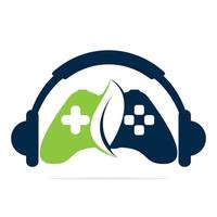 Öko-Gaming-Controller und Podcast-Logo-Design-Vorlage. Design des Joystick-Podcast-Vektorkonzepts. vektor