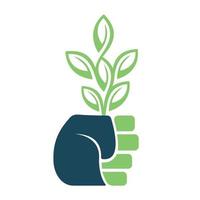 Hand hält Baum-Logo-Template-Design. grüner baum, der in der hand wächst, vektorillustration. vektor