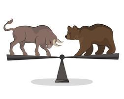 Bullen- und Bärenkampf-Kryptowährungsdiagramm, auf Skalen in Balance-Börsenillustration. bullischer und bärischer Trend. Vektorbanner für den Börsenhandel vektor