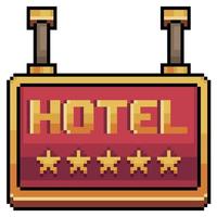 Pixel Art 5-Sterne-Hotelschild. rotes und goldenes Plattenvektorsymbol für 8-Bit-Spiel auf weißem Hintergrund vektor