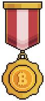 Pixelkunst-Bitcoin-Medaille, Kryptowährungspreis-Vektorsymbol für 8-Bit-Spiel auf weißem Hintergrund vektor