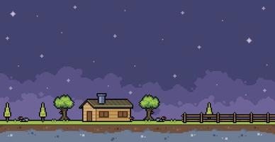 pixel konst bruka landskap på natt med hus, staket och träd 8 bit spel bakgrund vektor