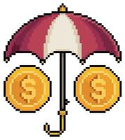 Pixelkunst-Regenschirm, der Münzen bedeckt. Investitionsschutz-Vektorsymbol für 8-Bit-Spiel auf weißem Hintergrund vektor