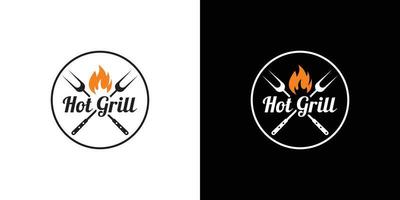 grill med gaffel och logotyp för eldslåga vektor