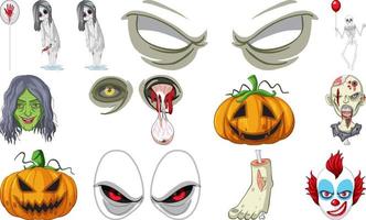 uppsättning av Skräck halloween objekt och tecknad serie tecken vektor