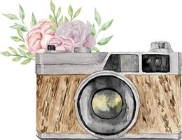 årgång vattenfärg kamera med trä- textur och anbud rosa blomma. vektor