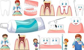 uppsättning av dental utrustning och tecknad serie tecken vektor