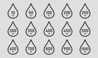 Maß für Volumenzeilen-Icon-Set. ein Tropfen Flüssigkeit mit einem Wert zwischen 10 und 1000 Milliliter. Wasserkapazitätssymbole. Waage für Flüssigkeit oder Zutat. Vektor-Illustration
